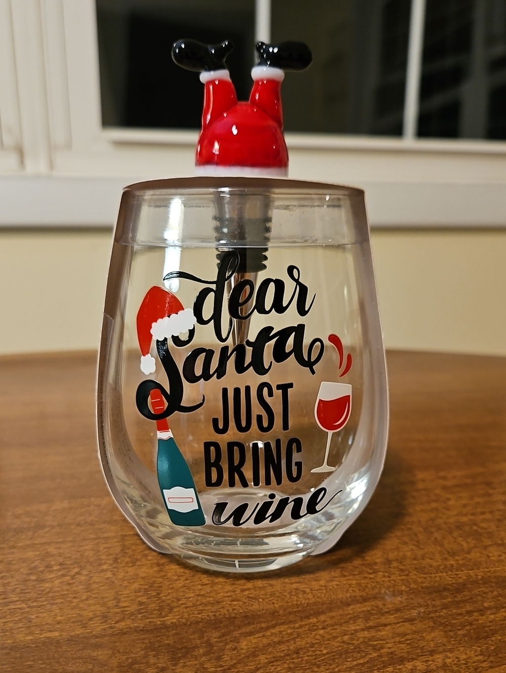 Holiday 'Dear Santa Just Bring Wine' Stemless Glass with Bottle Stopper